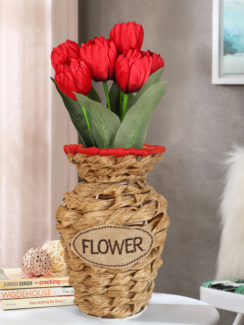 

TIED RIBBONS Red Tulips Artificial Flower Stick With Ratan Vase