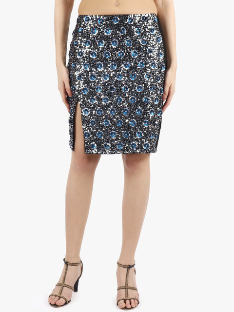 

Diwaah Women Black & Blue Embellished Knee-Length Straight Skirt