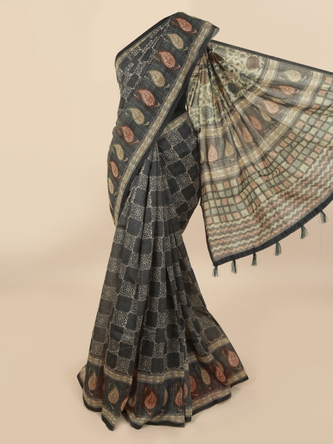 

Pothys Grey & Beige Cotton Blend Printed Saree With Tasseled Pallu