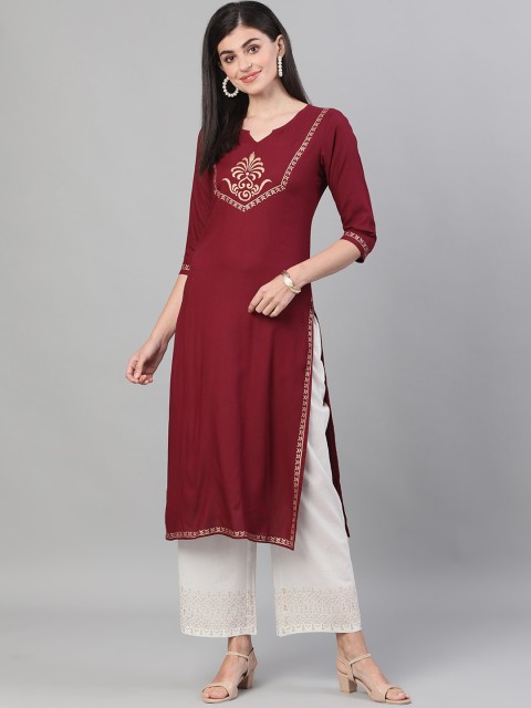 

Nayo Women Burgundy & Off-White Yoke Design Kurta with Palazzos