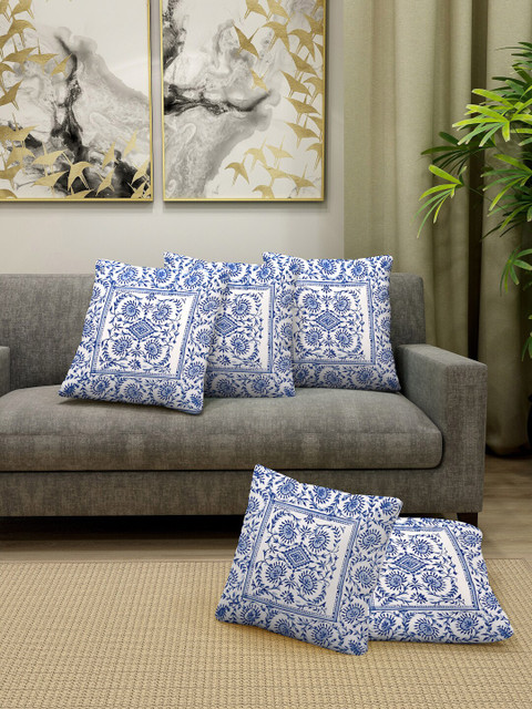 

Gulaab Jaipur White & Blue Set of 5 Hand-Block Ethnic Motifs Square Cushion Covers
