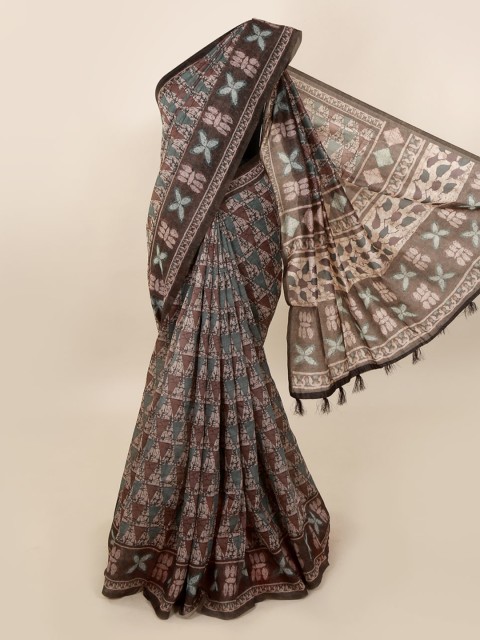 

Pothys Brown Cotton Blend Printed Chanderi Saree