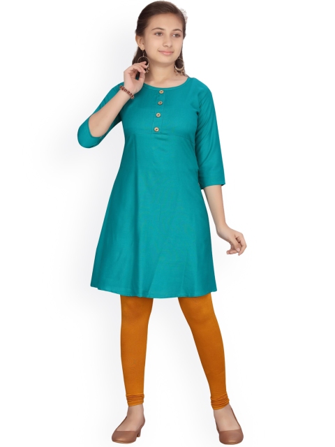 

Aarika Girls Green & Mustard Yellow Solid Kurti with Churidar