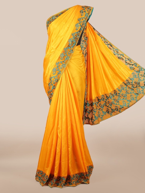 

Pothys Yellow & Turquoise Blue Art Silk Solid Saree With Embroidered Border