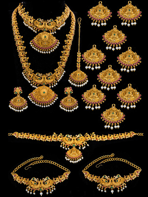 

Alankruthi Gold-Plated Pink & Green Stone-Studded Beaded Peacock Design Temple Bridal Jewellery Set