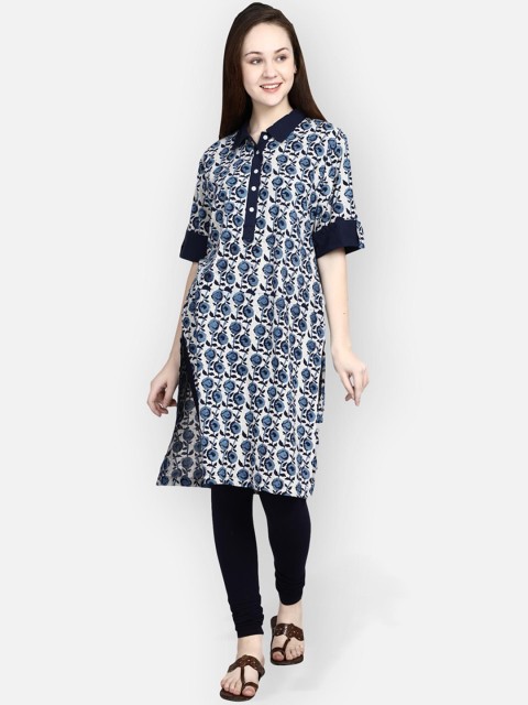 

Molcha Blue & White Floral Printed Cotton Kurta