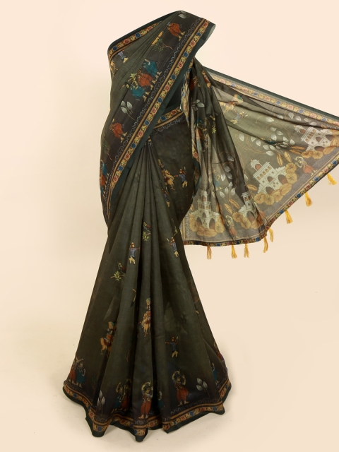 

Pothys Green Cotton Blend Printed Chanderi Saree