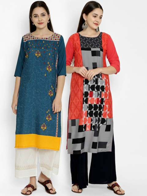 

7Threads Pack of 2 Printed Crepe Kurtas, Blue
