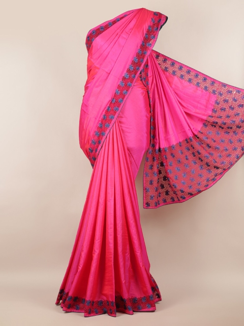 

Pothys Pink & Blue Art Silk Solid Saree With Embroidered Border