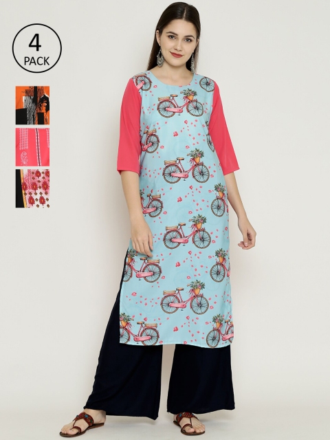 

7Threads Pack Of 4 Printed Crepe Kurtas, Blue