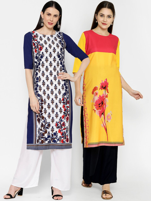 

7Threads Pack Of 2 Printed Crepe Round Neck Regular Sleeves Kurtas, Navy blue