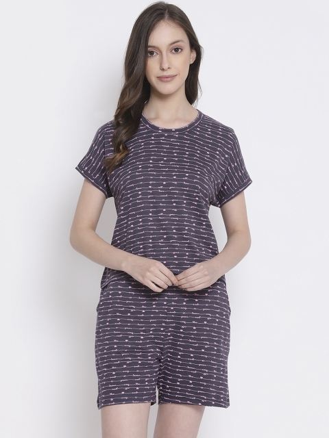

Kanvin Women Charcoal & Pink Printed Night suit, Grey