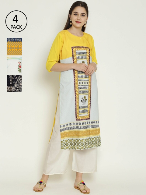 

7Threads Women Pack Of 4 Multicoloured Colourblocked Thread Work Crepe Kurtas, Multi