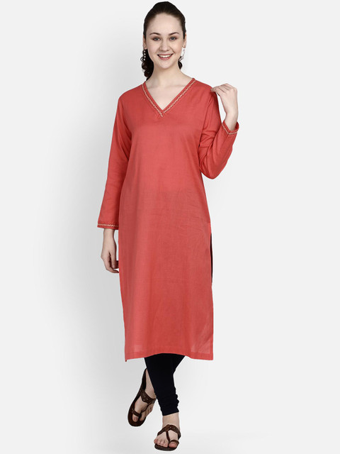 

Molcha Women Coral Red Solid Kurta