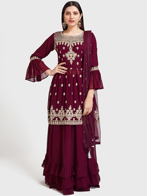 

Neerus Women Maroon & Beige Embroidered Kurti with Sharara & Dupatta