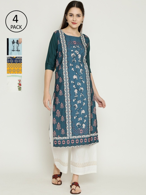

7Threads Pack Of 4 Printed Crepe Kurtas, Green