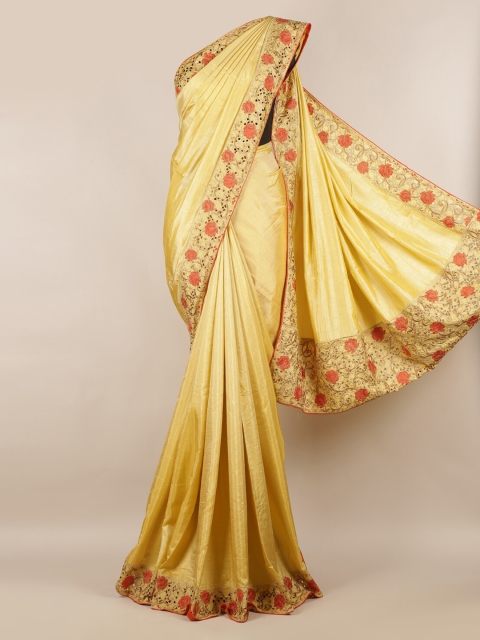 Pothys Cream-Coloured Solid Art Silk Saree