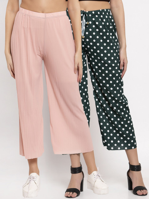 

KLOTTHE Women Pack of 2 Pink & Green Solid Wide Leg Palazzos