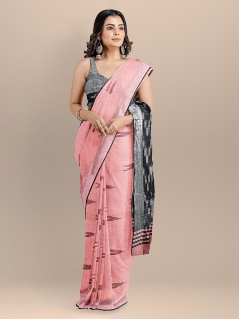 

BharatSthali Pink & Grey Pure Cotton Printed Ikat Saree