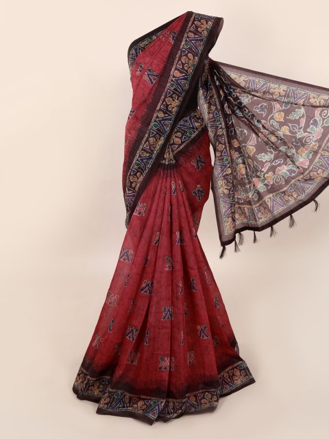 

Pothys Red & Blue Cotton Blend Printed Saree With Tasseled Pallu