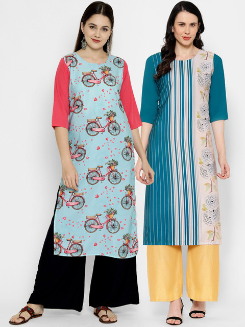 

7Threads Pack of 2 Printed Crepe Kurtas, Blue