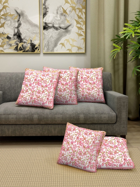 

Gulaab Jaipur White & Pink Set of 5 Hand-Block Printed Floral Square Cushion Covers