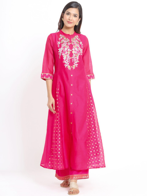 

Juniper Women Fuchsia Pink Floral Embroidered Chanderi Silk Kurta