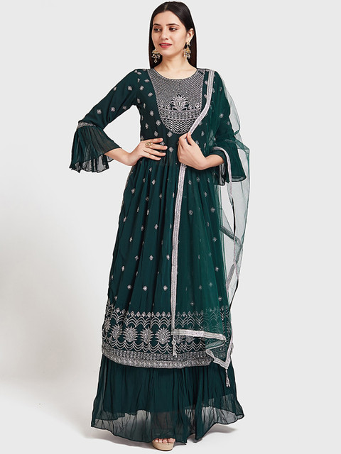 

Neerus Women Green & Silver-Toned Embroidered Kurta with Skirt & Dupatta