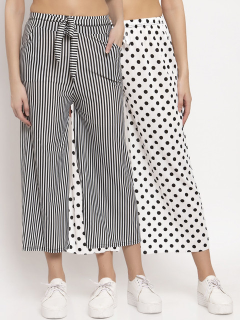 

KLOTTHE Women Pack of 2 White & Black Striped Wide Leg Palazzos