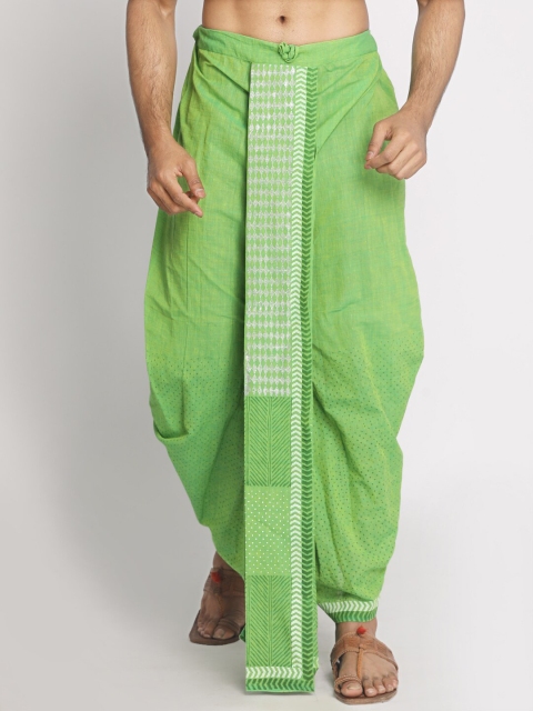 

Nakshi Men Green & White Handblock Printed Dhoti
