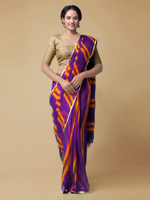 

Unnati Silks Violet & Orange Poly Chiffon Striped Saree