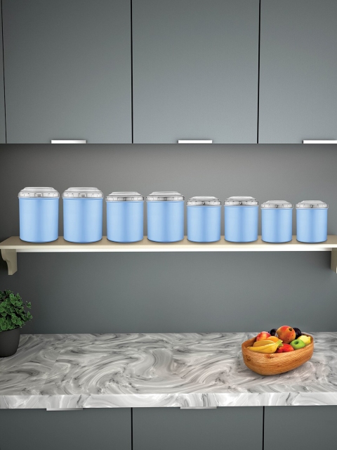 

Jensons Set of 8 Blue & Transparent Stainless Steel Kitchen Storage Canisters