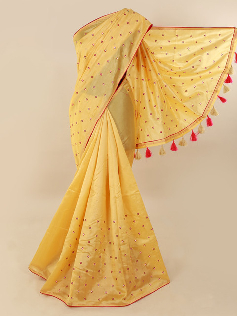 

Pothys Cream-Coloured & Pink Cotton Blend Embellished Saree With Tasselled Pallu