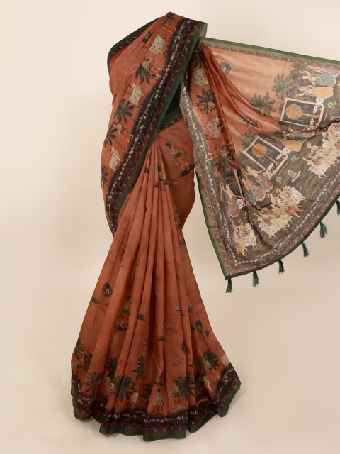 

Pothys Brown & Green Cotton Blend Printed Saree With Tasseled Pallu