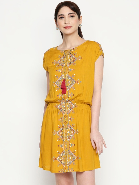 

People Women Mustard Yellow & White Printed Blouson Dress