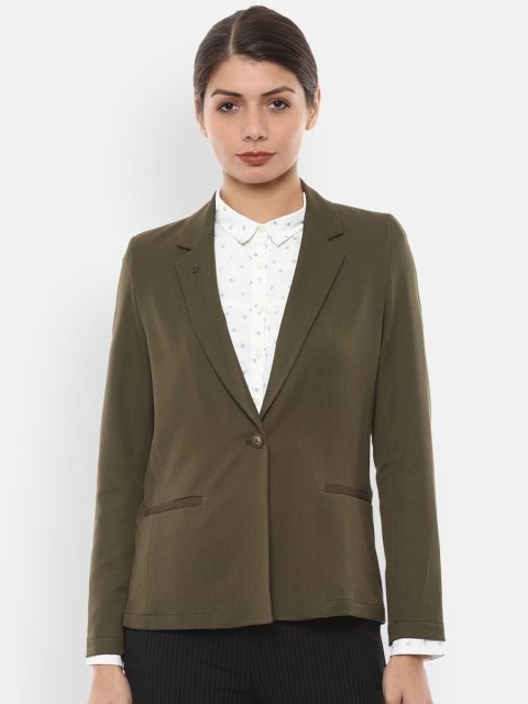 

Van Heusen Woman Olive Green Solid Single-Breasted Formal Blazer