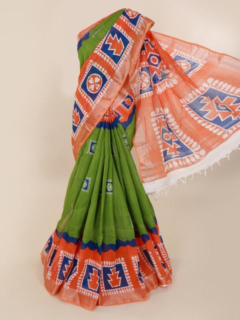 

Pothys Green & Orange Linen Blend Printed Saree