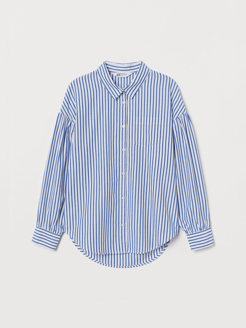 

H&M Girls White & Blue Striped Oversized cotton shirt