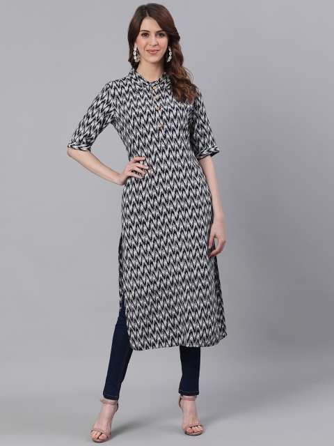 

Jaipur Kurti Women Off White & Black Ikat Printed Kurta
