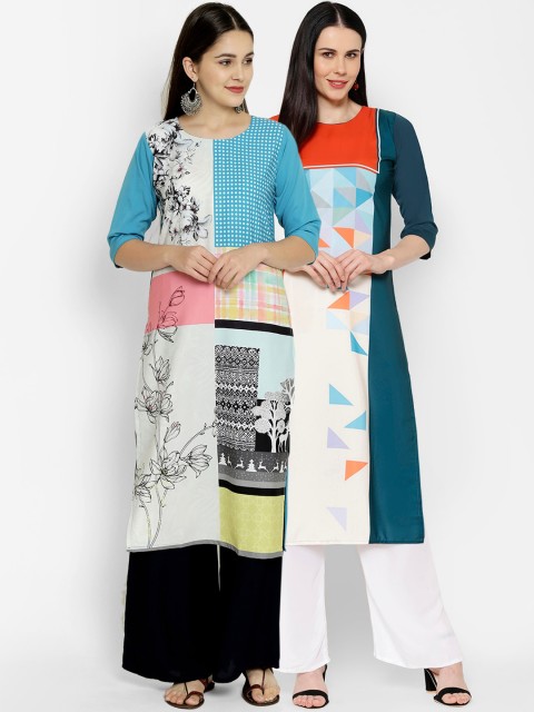 

7Threads Women Pack Of 2 Printed Crepe Kurta, Blue
