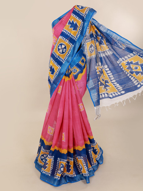 

Pothys Pink Ethnic Motifs Printed Linen Blend Saree