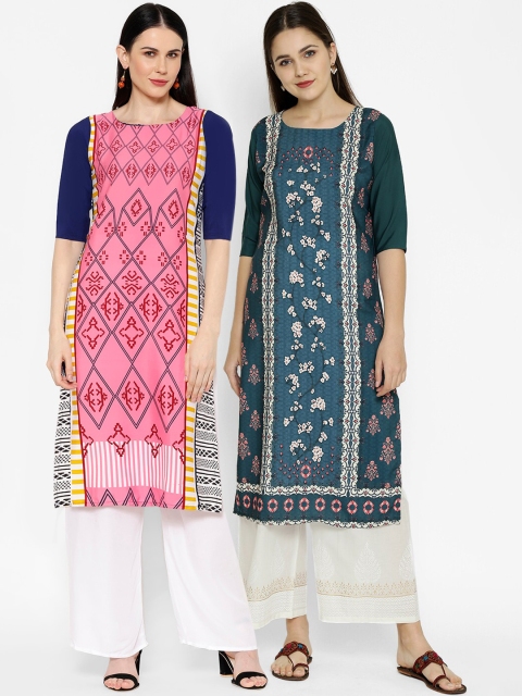 

7Threads Women Multicoloured Ethnic Motifs Printed Crepe Kurta Pack of 2, Multi