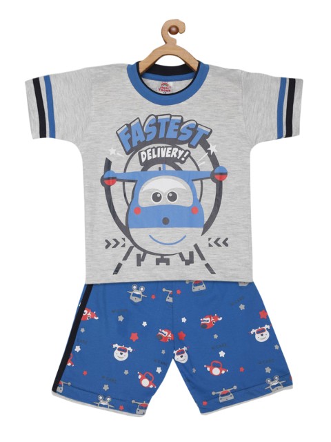 

JBN Creation Boys Grey Melange & Blue Printed T-shirt with Shorts Set