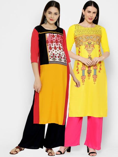 

7Threads Pack Of 2 Ethnic Motifs Printed Crepe Kurtas, Multi