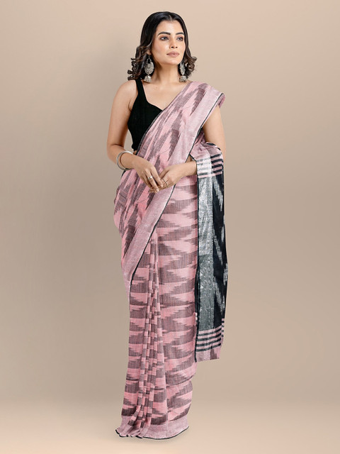

BharatSthali Pink Striped Ikat Saree