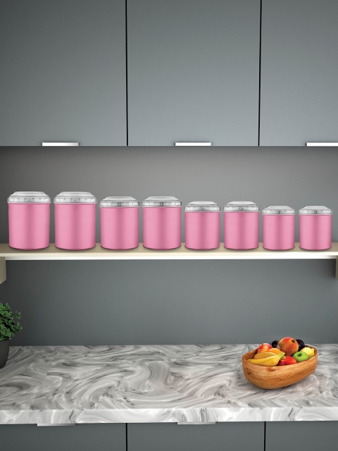 

Jensons Set Of 8 Pink & Transparent Solid Stainless Steel Canisters