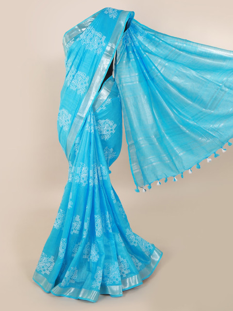 

Pothys Turquoise Blue & Silver-Toned Linen Blend Printed Saree