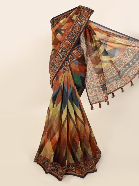 

Pothys Brown & Green Cotton Blend Printed Chanderi Saree