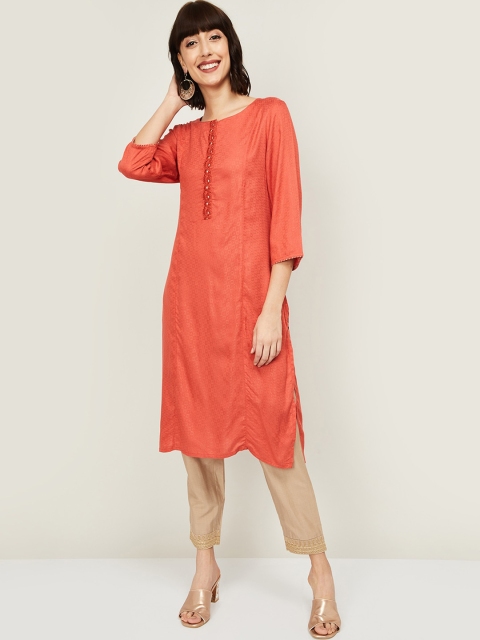 

Melange by Lifestyle Women Orange Geometric Embroidered Thread Work Kurta