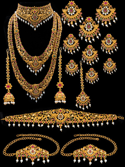 

Alankruthi Gold-Plated Red & Green Stone-Studded Beaded Temple Bridal Jewellery Set